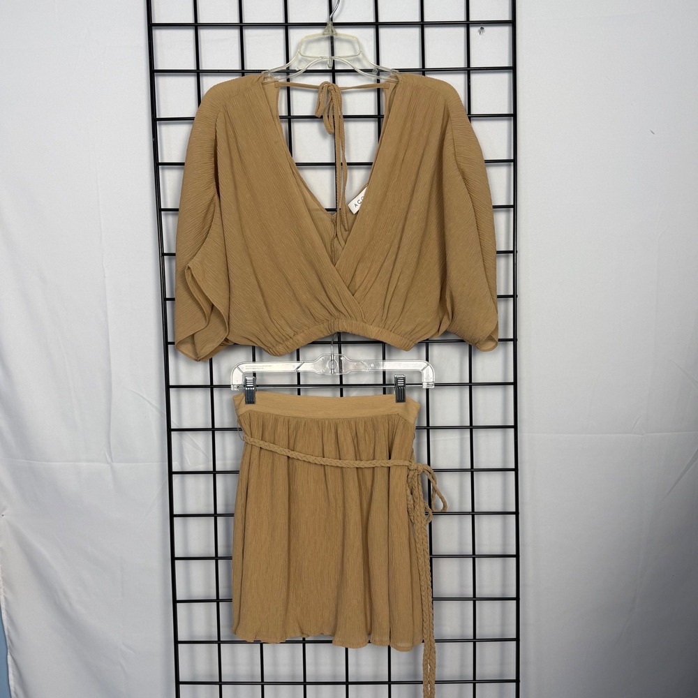 ACOA‎ 2 Piece Set Womens Small Tan Crinkle Crop Top Mini Skirt Boho Festival NWT